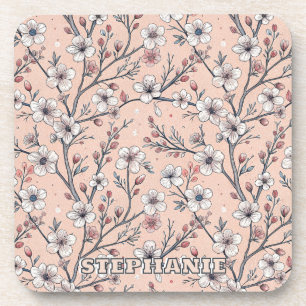 Pink Cherry Blossom Sakura Pattern on Pink (1) Coaster