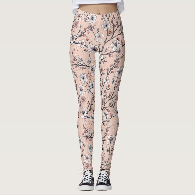 Pink Cherry Blossom Sakura Pattern on Pink (1) Leggings (Front)