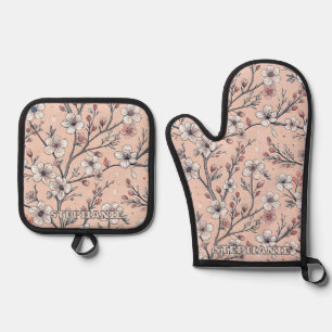 Pink Cherry Blossom Sakura Pattern on Pink (1) Oven Mitt & Pot Holder Set