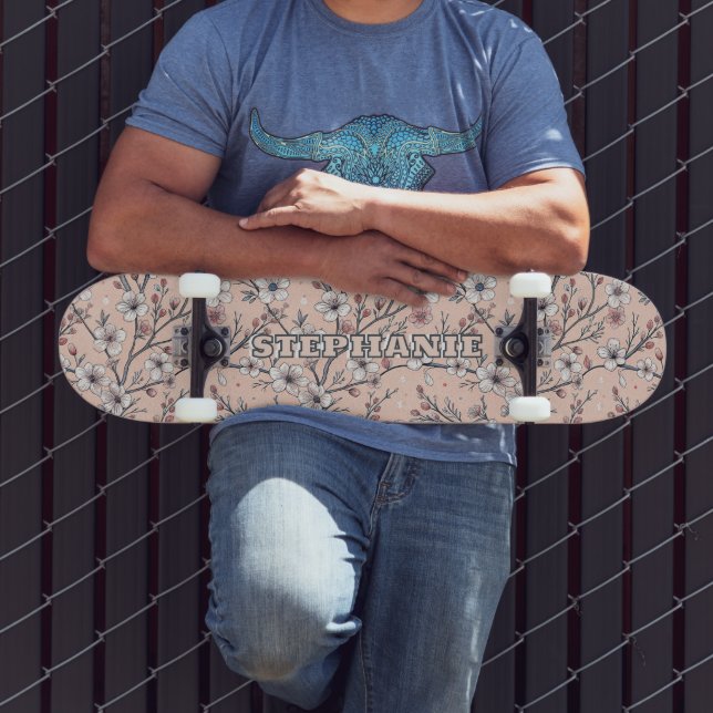 Pink Cherry Blossom Sakura Pattern on Pink (1) Skateboard (Outdoor 3)