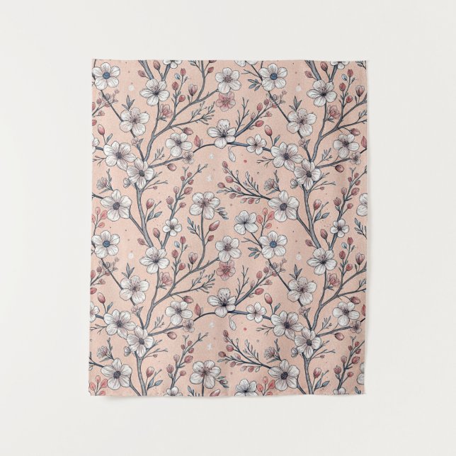 Pink Cherry Blossom Sakura Pattern on Pink (1) Tapestry (Front)