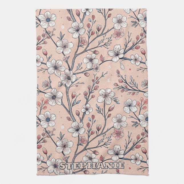 Pink Cherry Blossom Sakura Pattern on Pink (1) Tea Towel (Vertical)