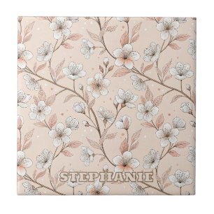 Pink Cherry Blossom Sakura Pattern on Pink (2) Ceramic Tile