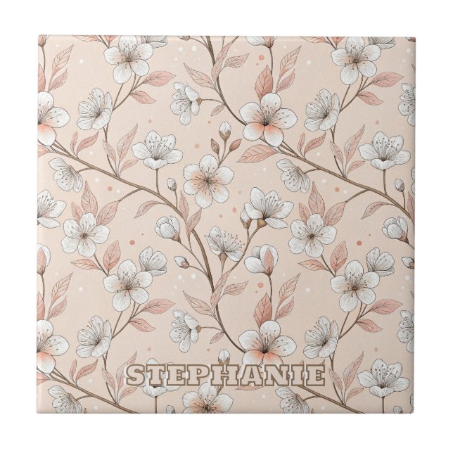 Pink Cherry Blossom Sakura Pattern on Pink (2) Ceramic Tile (Front)