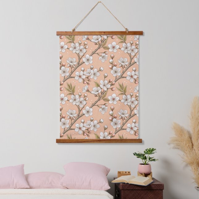 Pink Cherry Blossom Sakura Pattern on Pink (3) Hanging Tapestry (Bedroom)