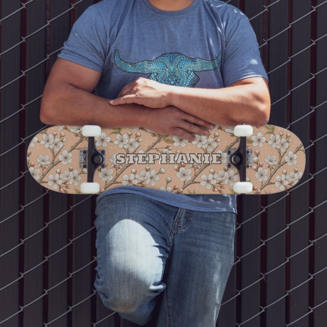 Pink Cherry Blossom Sakura Pattern on Pink (3) Skateboard (Outdoor 3)