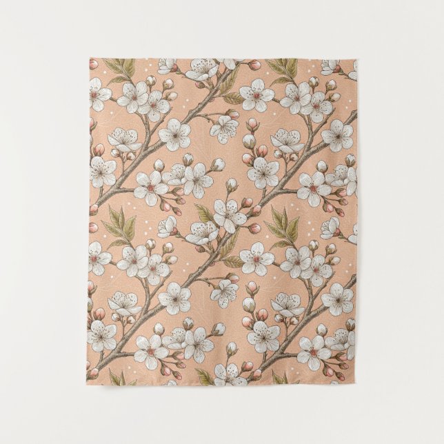 Pink Cherry Blossom Sakura Pattern on Pink (3) Tapestry (Front)