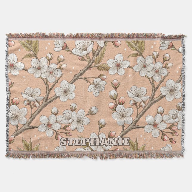 Pink Cherry Blossom Sakura Pattern on Pink (3) Throw Blanket (Front)