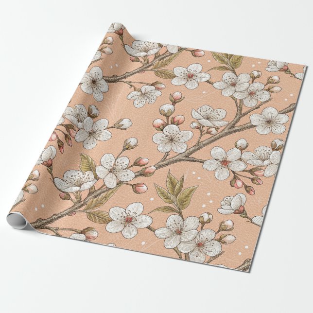 Pink Cherry Blossom Sakura Pattern on Pink (3) Wrapping Paper (Unrolled)