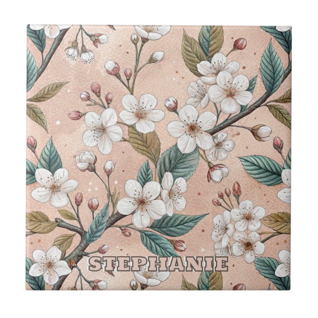 Pink Cherry Blossom Sakura Pattern on Pink (4) Ceramic Tile (Front)