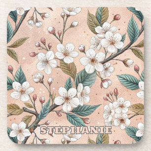 Pink Cherry Blossom Sakura Pattern on Pink (4) Coaster