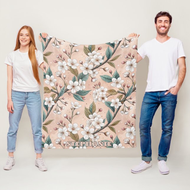 Pink Cherry Blossom Sakura Pattern on Pink (4) Fleece Blanket (In Situ)