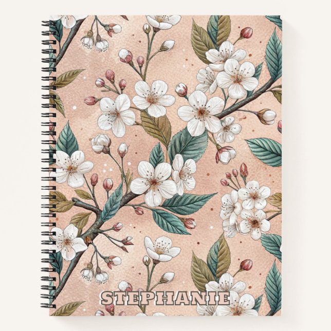 Pink Cherry Blossom Sakura Pattern on Pink (4) Notebook (Front)