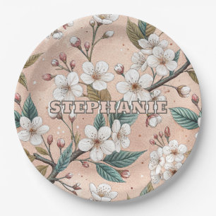 Pink Cherry Blossom Sakura Pattern on Pink (4) Paper Plate