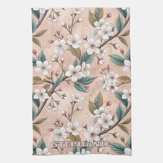 Pink Cherry Blossom Sakura Pattern on Pink (4) Tea Towel (Vertical)