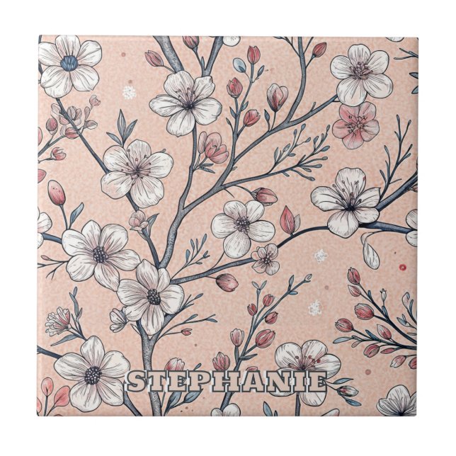 Pink Cherry Blossom Sakura Pattern on Pink Ceramic Tile (Front)