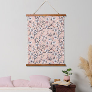 Pink Cherry Blossom Sakura Pattern on Pink Hanging Tapestry
