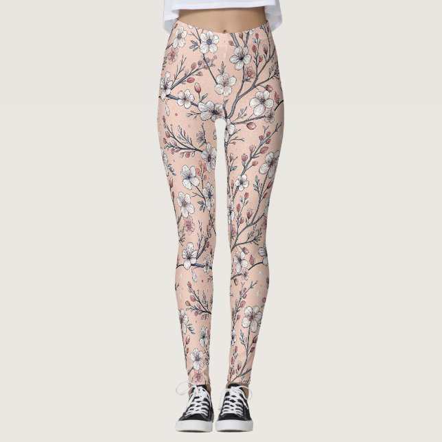 Pink Cherry Blossom Sakura Pattern on Pink Leggings (Front)