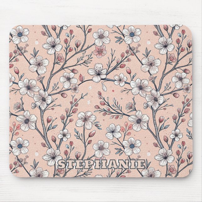 Pink Cherry Blossom Sakura Pattern on Pink Mouse Pad (Front)