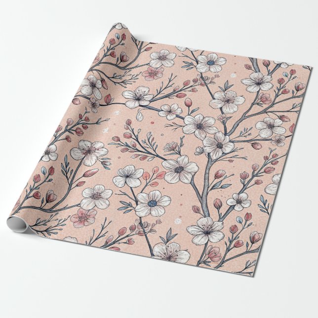 Pink Cherry Blossom Sakura Pattern on Pink Wrapping Paper (Unrolled)