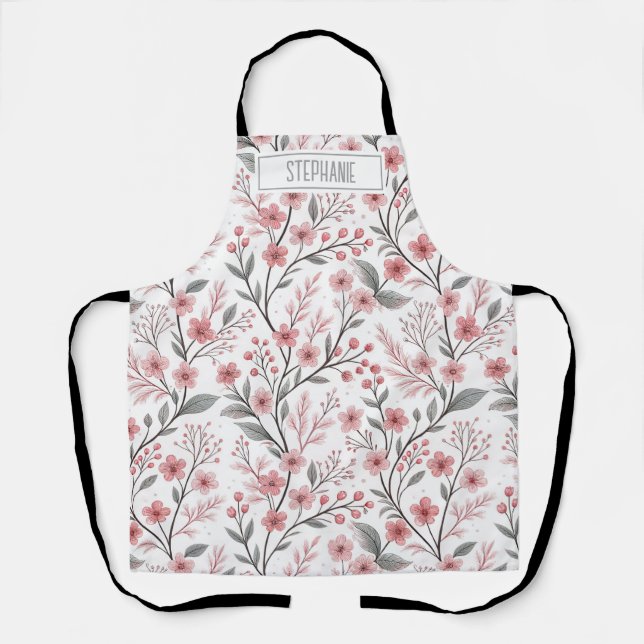 Pink Cherry Blossom Sakura Pattern on White (1) Apron (Front)