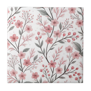 Pink Cherry Blossom Sakura Pattern on White (1) Ceramic Tile