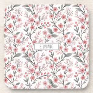 Pink Cherry Blossom Sakura Pattern on White (1) Coaster