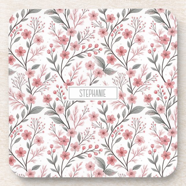 Pink Cherry Blossom Sakura Pattern on White (1) Coaster (Front)