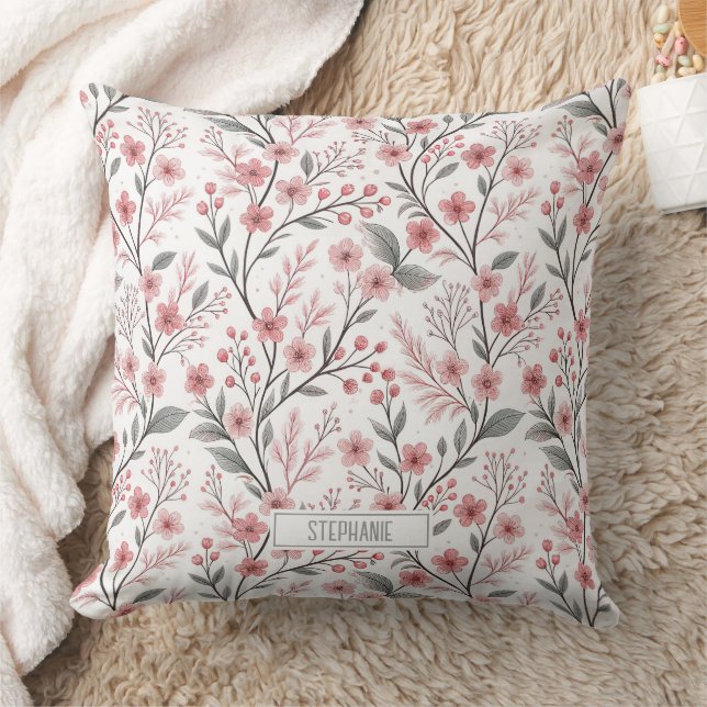 Pink Cherry Blossom Sakura Pattern on White (1) Cushion (Blanket)
