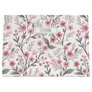 Pink Cherry Blossom Sakura Pattern on White (1) Large Gift Bag