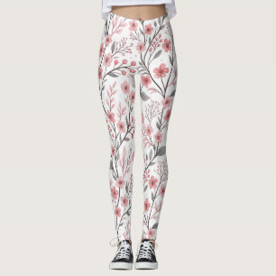 Pink Cherry Blossom Sakura Pattern on White (1) Leggings