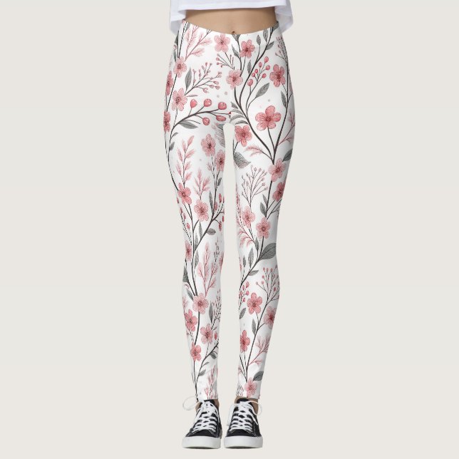 Pink Cherry Blossom Sakura Pattern on White (1) Leggings (Front)
