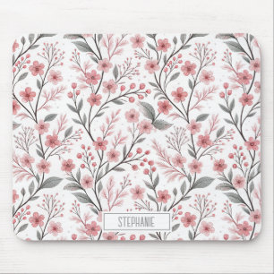 Pink Cherry Blossom Sakura Pattern on White (1) Mouse Pad