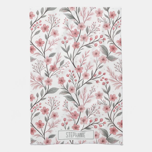 Pink Cherry Blossom Sakura Pattern on White (1) Tea Towel (Vertical)