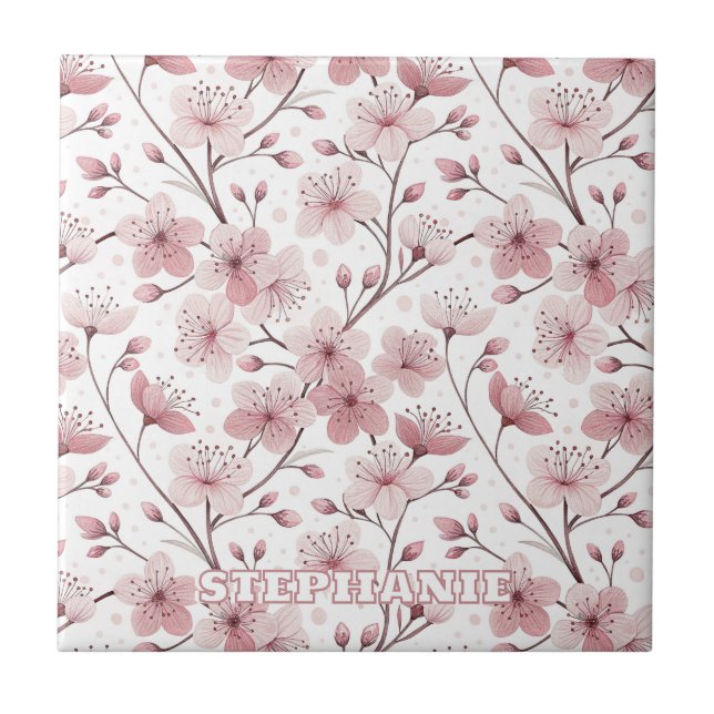 Pink Cherry Blossom Sakura Pattern on White (2) Ceramic Tile (Front)