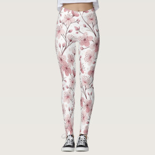 Pink Cherry Blossom Sakura Pattern on White (2) Leggings