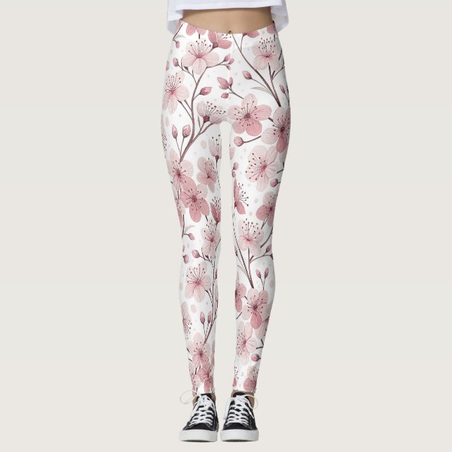 Pink Cherry Blossom Sakura Pattern on White (2) Leggings (Front)