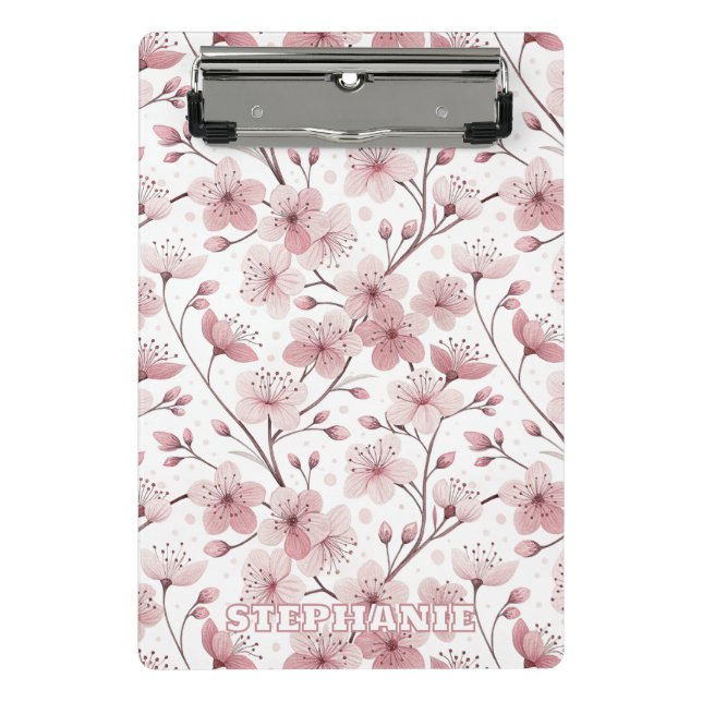 Pink Cherry Blossom Sakura Pattern on White (2) Mini Clipboard (Front)