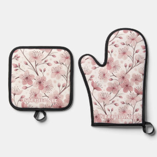 Pink Cherry Blossom Sakura Pattern on White (2) Oven Mitt & Pot Holder Set