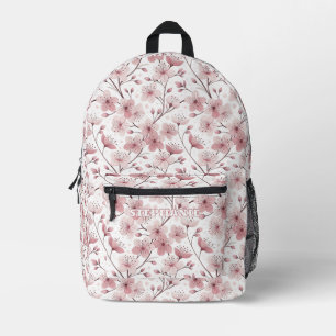 Pink Cherry Blossom Sakura Pattern on White (2) Printed Backpack