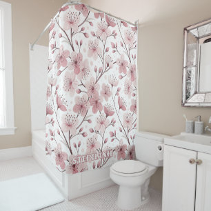 Pink Cherry Blossom Sakura Pattern on White (2) Shower Curtain