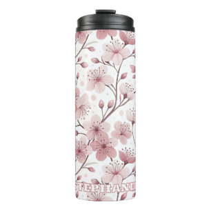 Pink Cherry Blossom Sakura Pattern on White (2) Thermal Tumbler