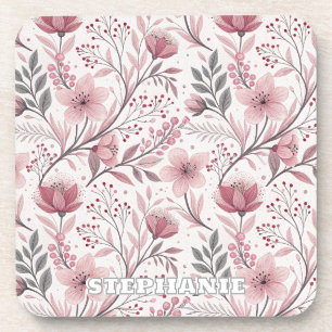Pink Cherry Blossom Sakura Pattern on White (3) Coaster