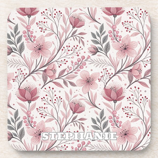 Pink Cherry Blossom Sakura Pattern on White (3) Coaster (Front)