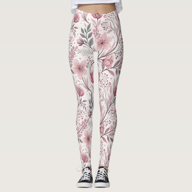 Pink Cherry Blossom Sakura Pattern on White (3) Leggings (Front)