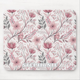 Pink Cherry Blossom Sakura Pattern on White (3) Mouse Pad