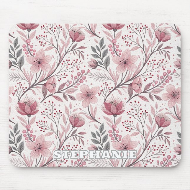 Pink Cherry Blossom Sakura Pattern on White (3) Mouse Pad (Front)