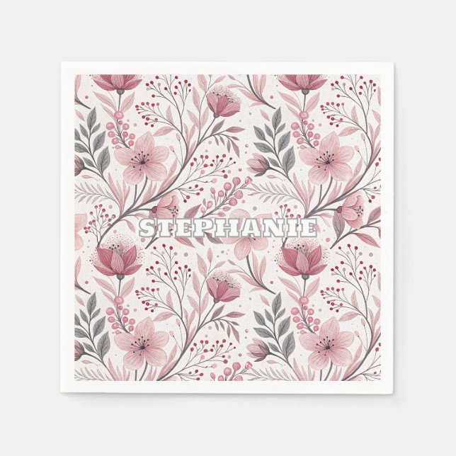 Pink Cherry Blossom Sakura Pattern on White (3) Napkin (Front)