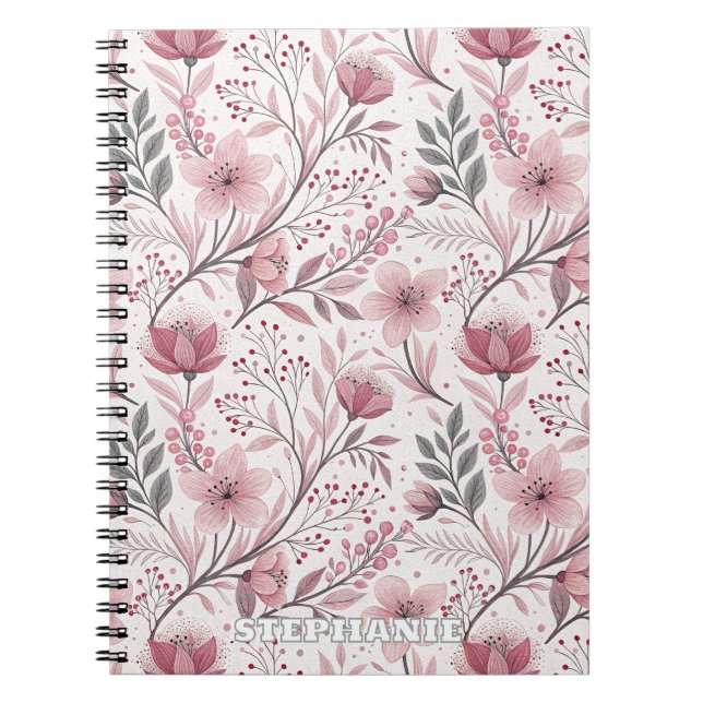 Pink Cherry Blossom Sakura Pattern on White (3) Notebook (Front)