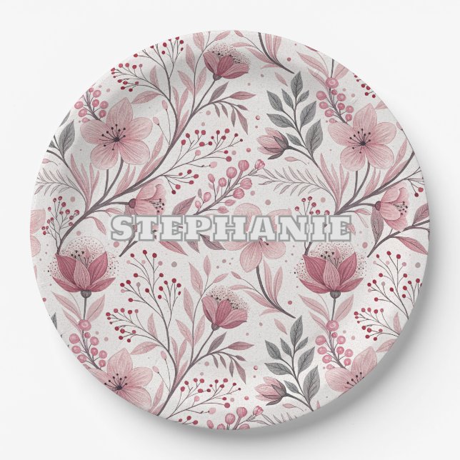 Pink Cherry Blossom Sakura Pattern on White (3) Paper Plate (Front)
